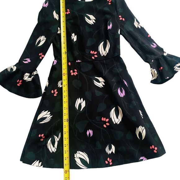 Kate Spade Long Bell Sleeve Floral Print Mini Dress Black Stretchy XXS Zip AG23 - Picture 5 of 13